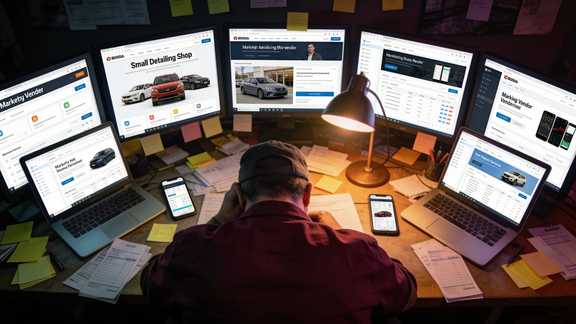 A detailing shop owner buried at a midnight desk behind seven glowing marketing-vendor dashboards, sticky notes, and invoices