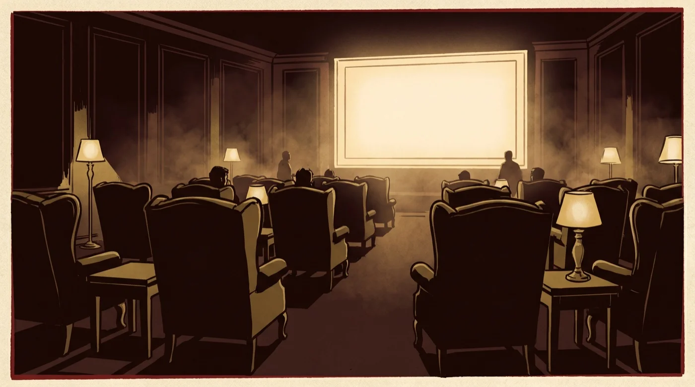 An exclusive members' lounge facing a glowing screen — the free live CRM Bootcamp